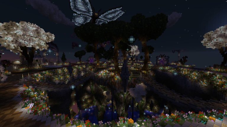 Accueil 1 Le spawn du serveur créatif comporte de nombreux élements de décors de l'univers minecraft, il est accessible directement en se connectant au serveur.