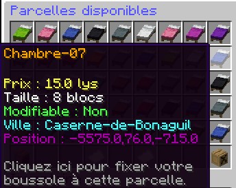 menu parcelle disponible sur le serveur minecraft avec info